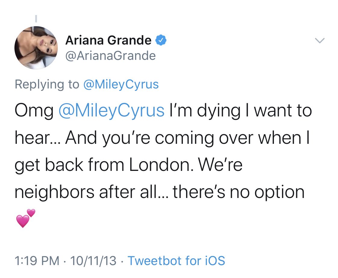 in 2013, miley tweeted that she wrote a song for ariana while she was in the shower.