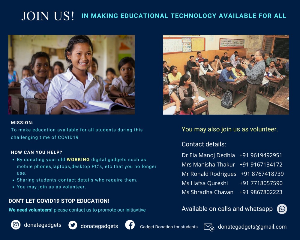 RonaldR183's tweet photo. Students need electronic devices to study. Anyone willing to donate old or unused devices can write to donategadgets@gmail.com
https://t.co/dGprbi6vHG
@fpjindia @donategadgets @AUThackeray @VarshaEGaikwad #StudentsNeedMediaSupport
#education #MumbaiLockdown
#CoronaInMaharashtra https://t.co/Td1LNsTVMD