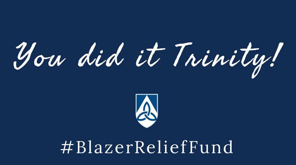 trinityblazers's tweet photo. You did it Trinity!!! You supported our Blazers with over $100,000 in generous gifts—and unlocked our $15,000 challenge gift. 
Current total is $115,482 and counting! Thank you for your generosity! There is still time to make a donation https://t.co/DIaN5VebEm  #BlazerReliefFund https://t.co/rWyWaEr06b