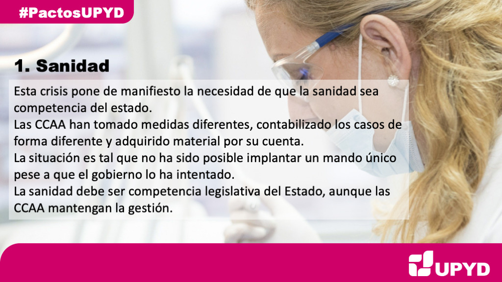 🏥 El #Covid_19 ha puesto de manifiesto que la sanidad española es un caos.

❌Cada CCAA ha tomado medidas diferentes, contabilizado casos de forma distinta y adquirido materiales por su cuenta.

✅UPYD defiende que la Sanidad sea competencia exclusiva del Estado.
#PactosUPYD