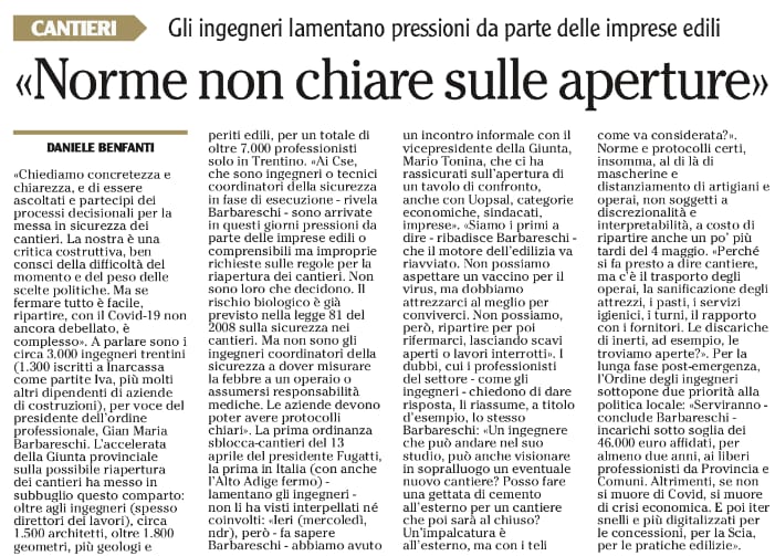 L'Ordine ha chiesto alla Provincia di Trento maggiore chiarezza sulle aperture dei cantieri, come spiegato in questo articolo pubblicato da L'Adige 👷‍♂️