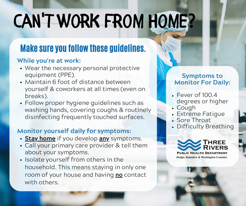 threerivers_ph's tweet photo. Can't work from home? Make sure you're keeping yourself &amp; your coworkers safe while you have to be out. And DO NOT go to work if you feel sick or have any symptoms! Call your doctor.

#ThreeRiversNotaBank #NECovid19 #StayHome https://t.co/yOBYrCtRrz