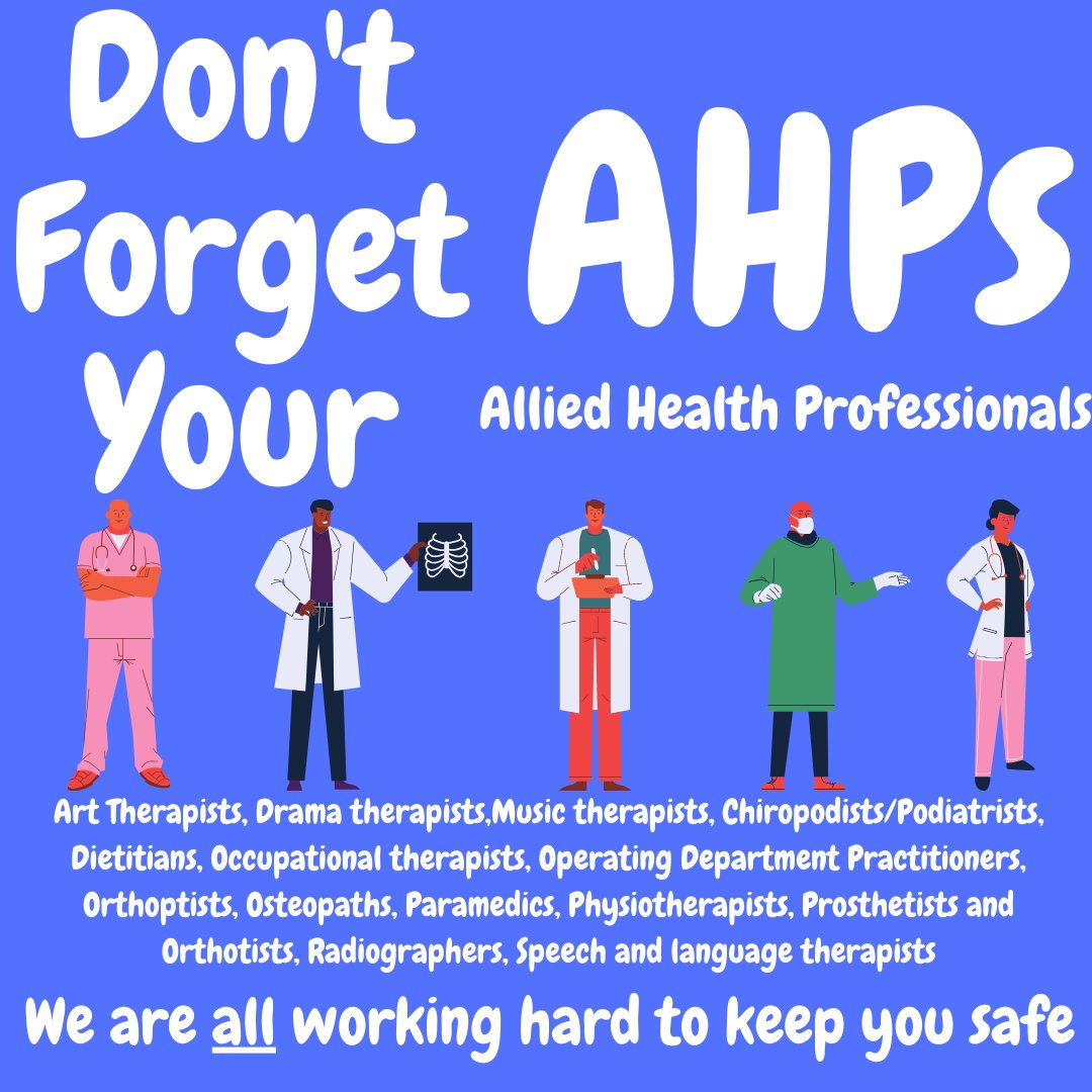 I've created this graphic to highlight some of the amazing professionals involved in the NHS frontline: #AHPs
The Allied Health Professional's form the third largest clinical workforce in health and care. 
#COVID19 
(1/2)