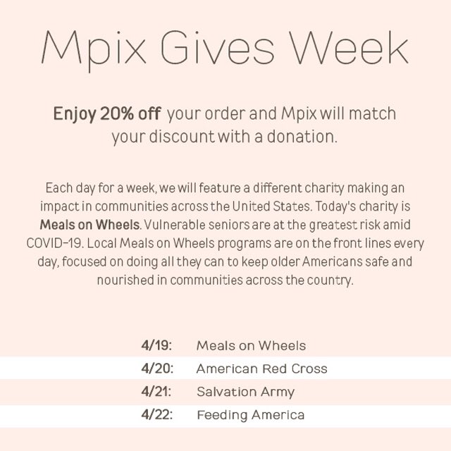 Together, let’s make an impact. With Mpix Gives Week we are offering you 20% off everything sitewide. Then matching your total discount with a charitable donation. We can make a difference. No promo code required. Let’s Give! bit.ly/3aeLywe