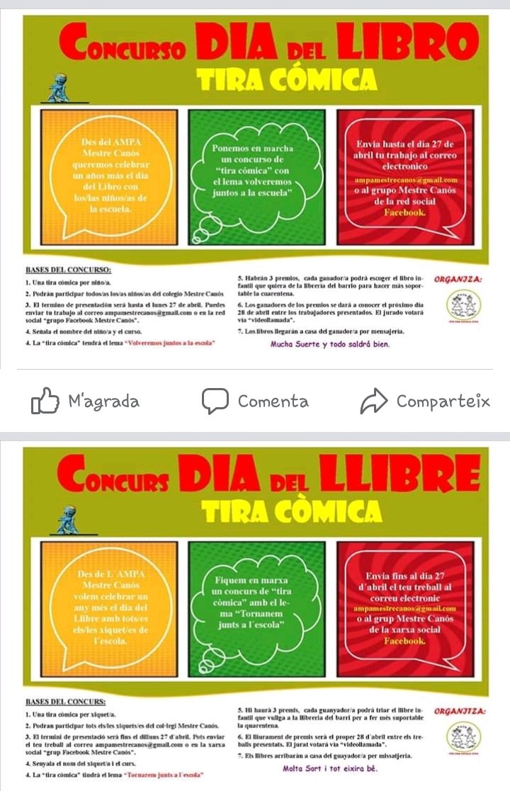 MestreCanosAMPA's tweet photo. Concurs dia del llibre. Premis a triar. Fem la quarentena més amena? Participa
Concurso dia del libro. Premios a elegir. ¿Hacemos la cuarentena más amena? Participa
#totsjuntsfemescola #toteixirabe https://t.co/0QnuMptC6b