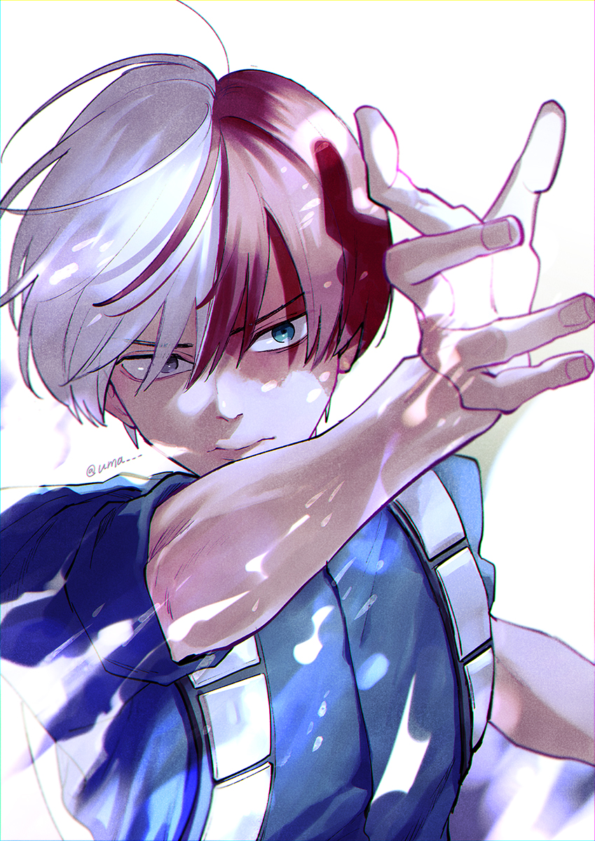 todoroki shouto 1boy male focus scar scar on face burn scar red hair white hair  illustration images