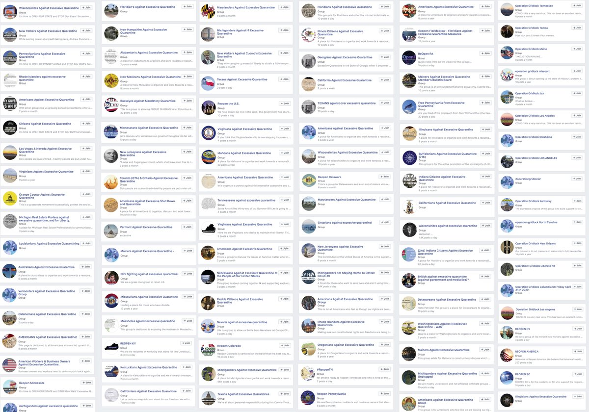 A collage of these "against the quarantine/operation gridlock" Facebook groups that have popped up in the past week. I only found the Dorr brothers as admins on those 3 large groups so far but have not checked all of them.