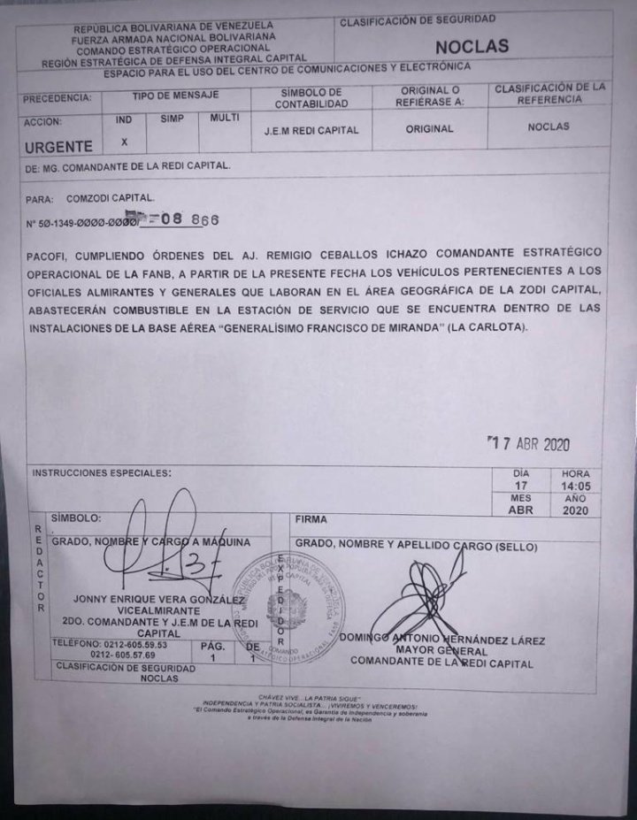 jesusmedinae's tweet photo. Vehículos de oficiales, generales y almirantes que trabajen en la Zodi región capital, solo deberán surtir de combustible para su carro en la estación de servicio destinada para ustedes, dentro de las instalaciones de la base aérea en la carlota. https://t.co/nsVcgZi05t