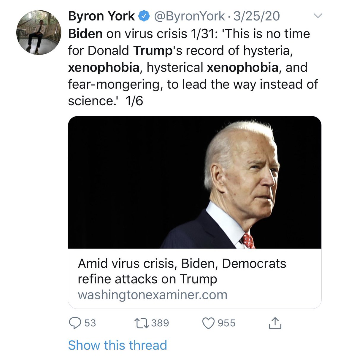 Really an embarrassing turn from Biden.He went from calling the China travel restrictions “hysterical,” “xenophobic,” “fear-mongering” in January to now attacking the President for not blocking *more* people from China.An entire campaign of Monday Morning Quarterbacking.