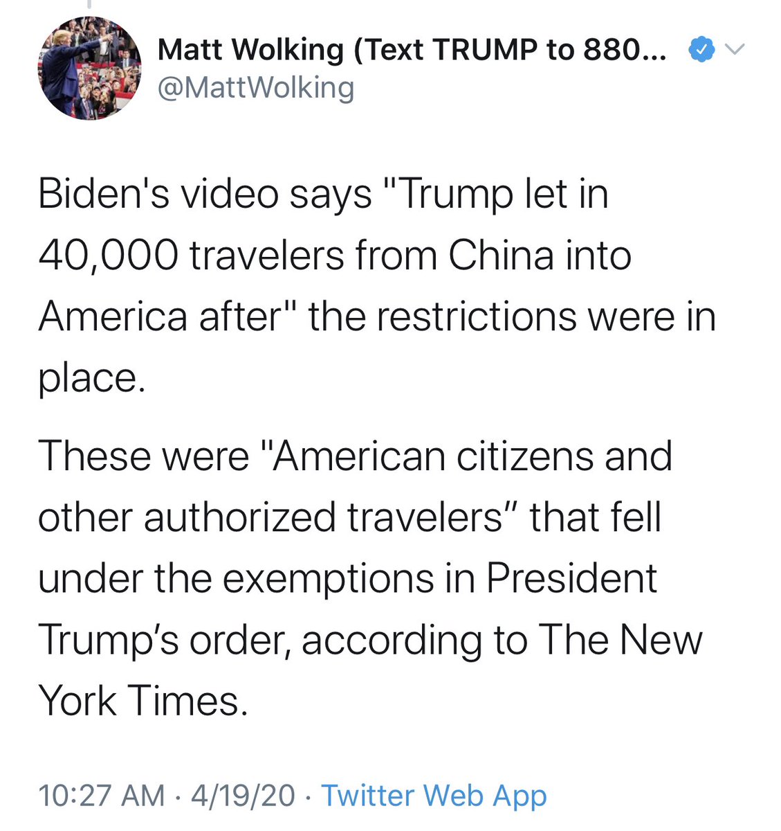 Really an embarrassing turn from Biden.He went from calling the China travel restrictions “hysterical,” “xenophobic,” “fear-mongering” in January to now attacking the President for not blocking *more* people from China.An entire campaign of Monday Morning Quarterbacking.