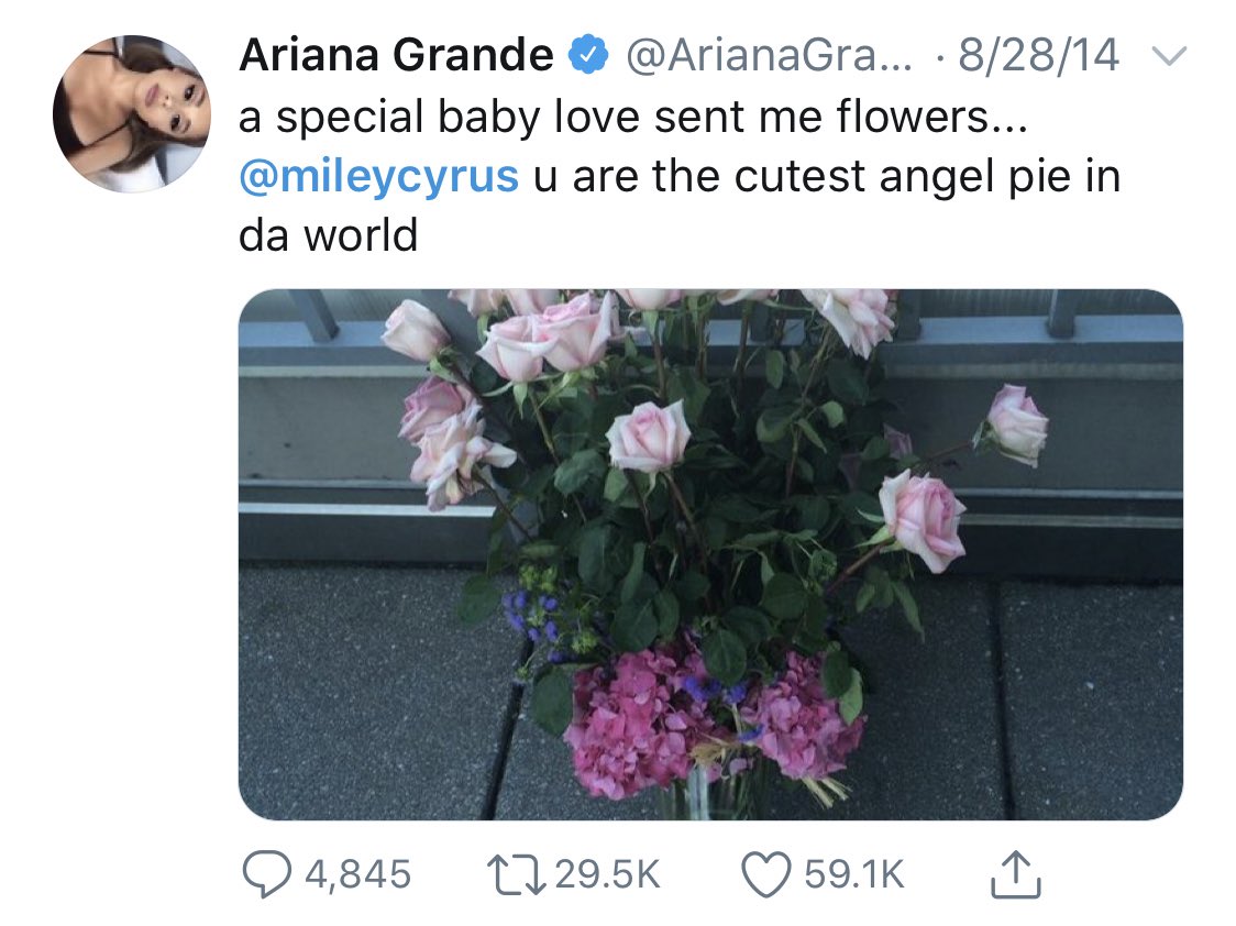after the vma’s, ariana supported miley’s campaign for my friend’s place, and miley sent her a bouquet of flowers 