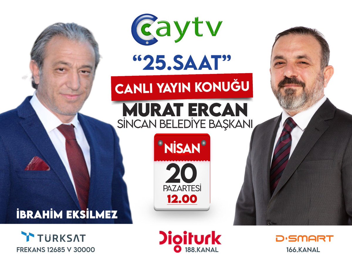 Başkanımız Murat Ercan, Sincanımızda Koronavirüs tehdidine karşı alınan tüm önlemleri, Çay TV'de yayınlanan "25. Saat" programında anlatacaktır. 20 Nisan Pazartesi saat 12.00 de gerçekleşecek canlı yayın için tüm hemşehrilerimizi ekran başına bekliyoruz. 
#EvindeKalSincan