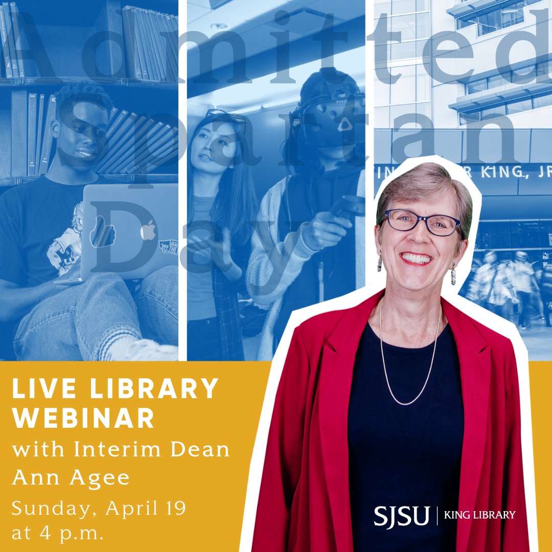 sjsulibrary's tweet photo. Join the #sjsulibrary for the first-ever virtual #AdmittedSpartansDay! Interim University Library Dean Ann Agee will be hosting a live webinar on Sunday, April 22 at 4 p.m. Learn how the library's many services and resources can help you succeed. #sjsu #ASD2020 #techyes https://t.co/5jHEuoRBbK