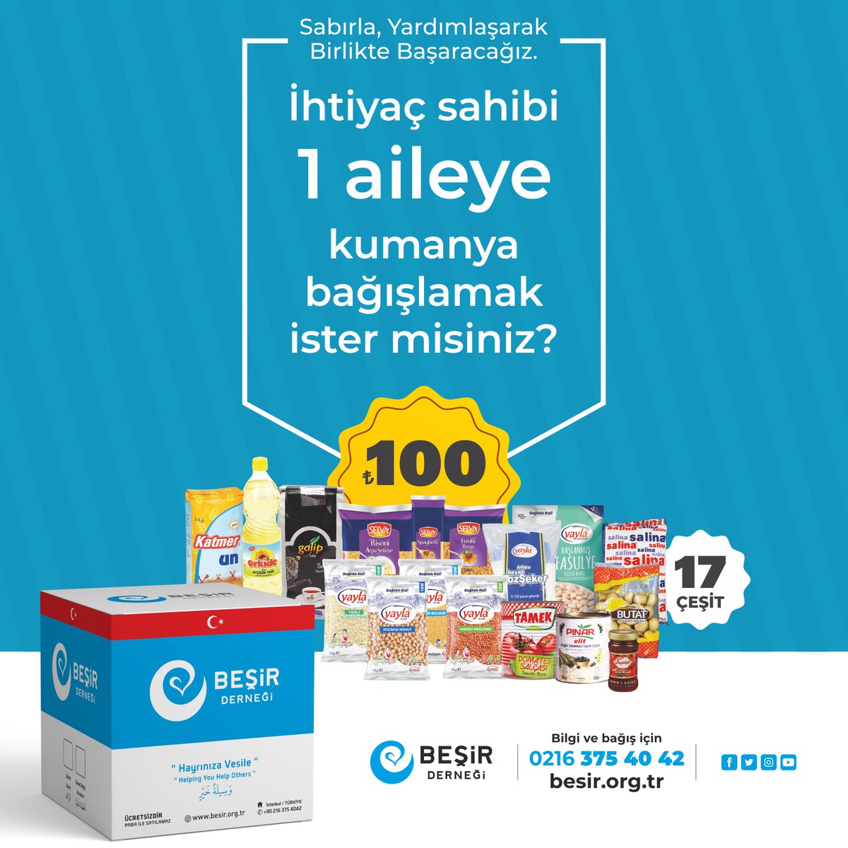 Ramazan Paylaşmaktır.

Günlük gıda ihtiyacını karşılayamayan kardeşlerimize Ramazan ayı vesilesi ile de gıda yardımlarına devam ediyoruz. Bir kumanya bağışı ile binlerce âilenin sofralarında aş olabilirsiniz.

#HerkesSeniBekliyor

Detaylı bilgi ve bağış 👉 besir.org.tr/ramazan