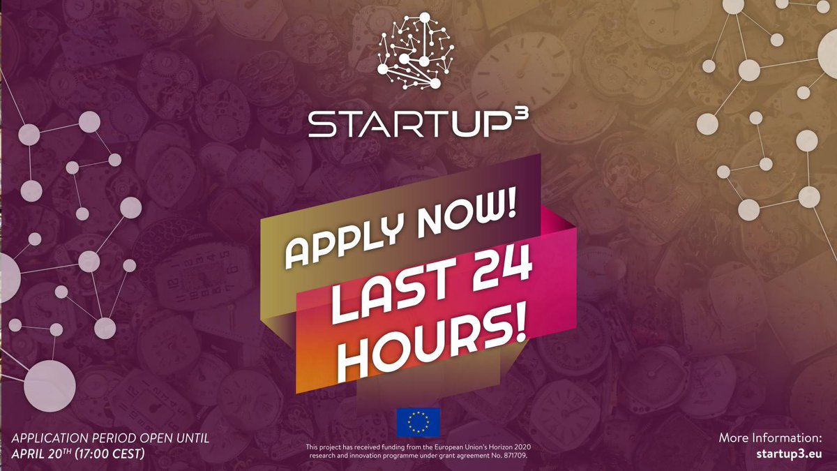 🚀  STARTUP3 Open Call closes in 24 hours!

❇️ Film a 2-minute video pitch and apply! Hurry up and don't miss the opportunity to join the STARTUP3 Business Acceleration Programme and bring your innovative idea to market!

ℹ️ More information: startup3.eu