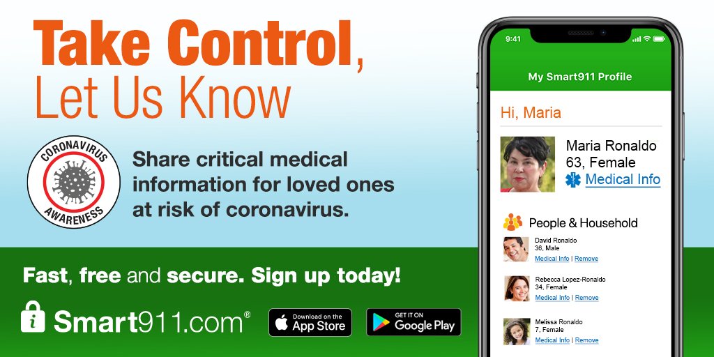 Keep your loved ones safe! Easily create Smart911 #safety profiles for your family, especially those at risk of severe illness from #COVID19. hubs.ly/H0ptGVv0
#TakeControl #LetThemKnow #Smart911