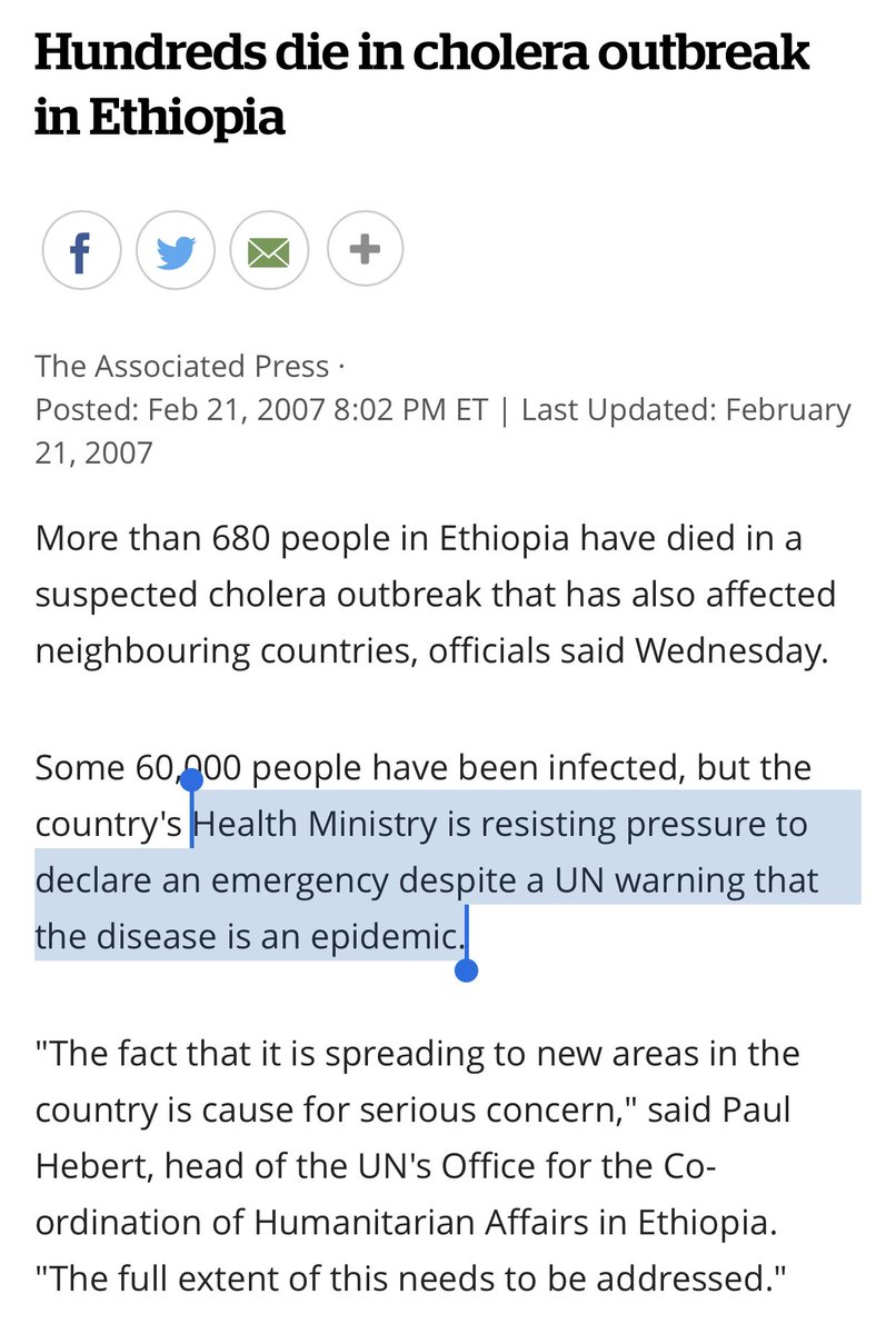 4)Tedros was the Ethiopian Health Min from 2005-12, during which Ethiopia faced three cholera epidemics in 2006, 2009 & 2011.Thousands died yet the government refused to announce a state of emergency despite int’l warnings. Economic reservations were probably more important.