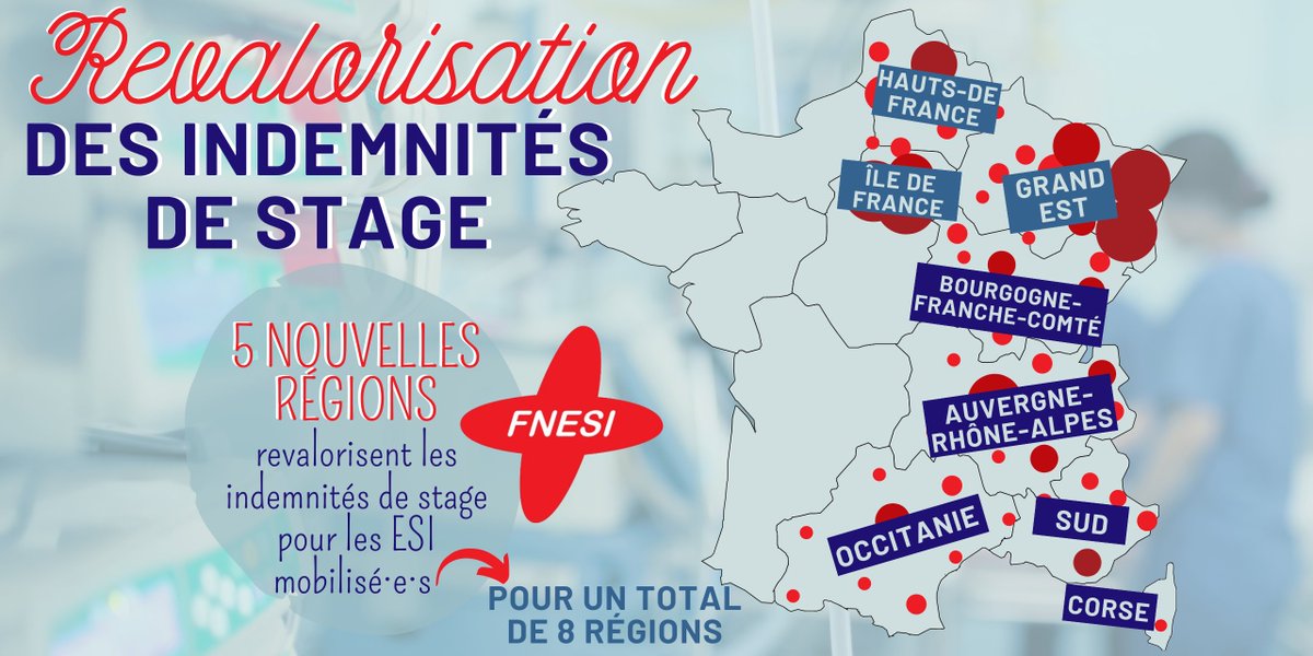 #COVIDー19 | 5 nouvelles #Régions revalorisent les indemnités de stage pour les #ESI mobilisés, pour un total de 8 Régions !

La FNESI les remercie et demande aux autres Régions d'uniformiser la valorisation de l'implication des ESI durant la crise.