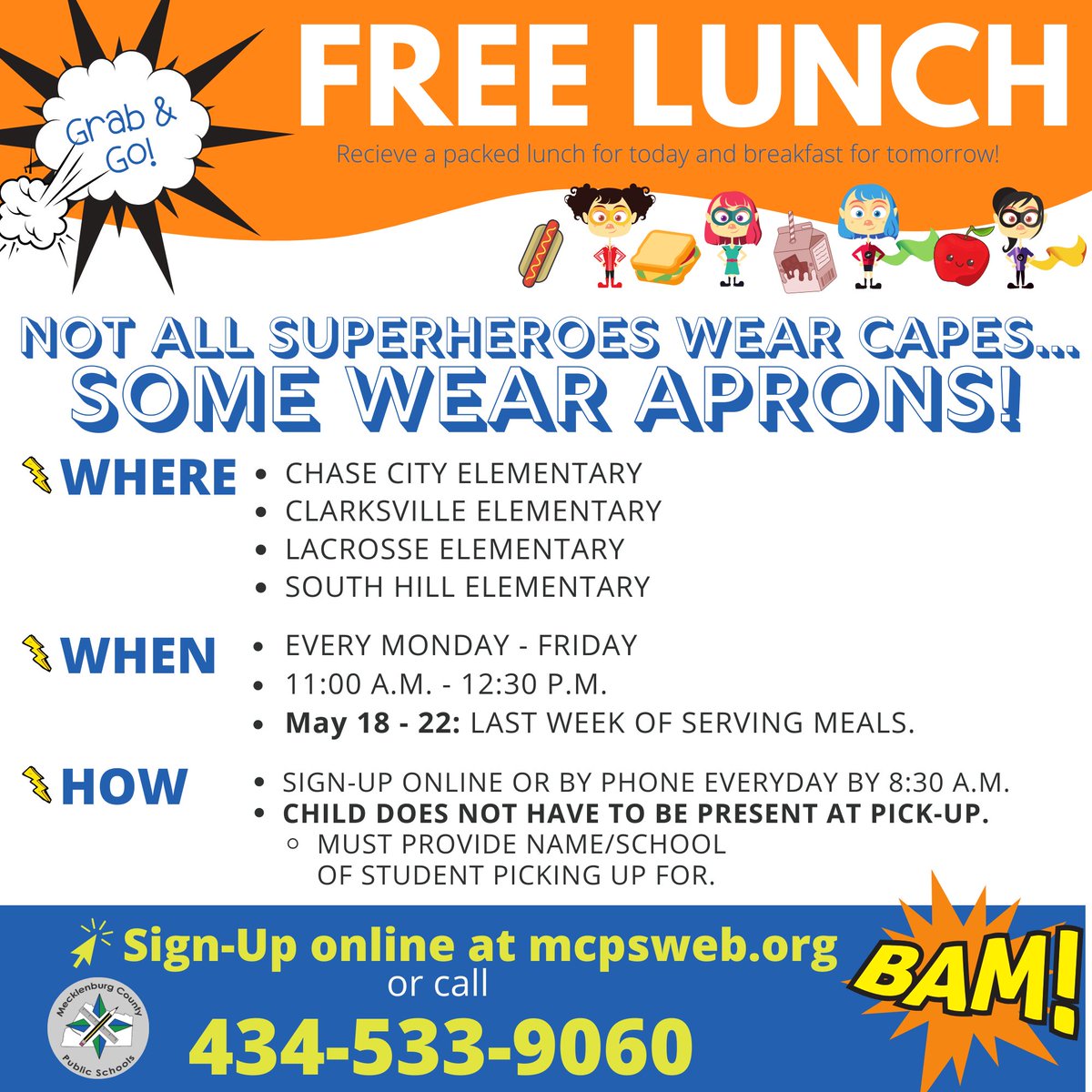 MeckSchoolsVa's tweet photo. All Children ages 2-18 in Mecklenburg County can get free lunch &amp; breakfast and they DO NOT need to be present at the time of meal pick-up!

**Please continue to fill out the online form or call  meal hotline daily! 434-533-9060 or visit https://t.co/BL4CPCrkPn for forms. https://t.co/z4gMlxElsn