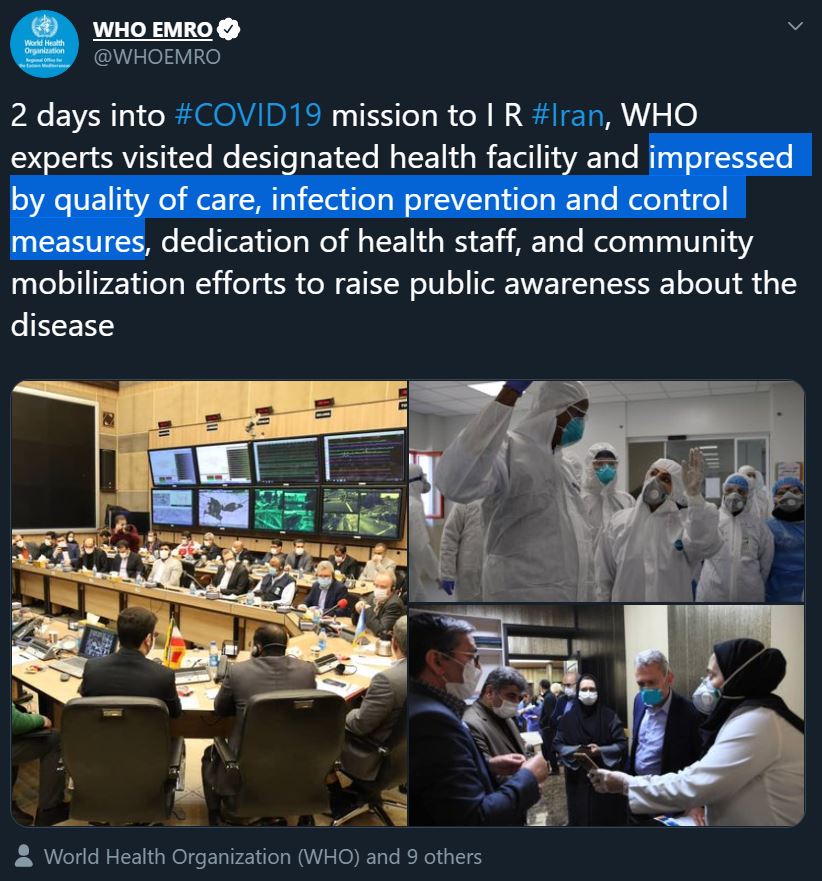 6)As previously mentioned, Tedros has a similar approach vis-à-vis Iran, praising this regime’s health policies.Iran’s media outlets rejoice WHO’s support in their cover up of the coronavirus severity & instantly push their talking points/false narrative about U.S. sanctions.