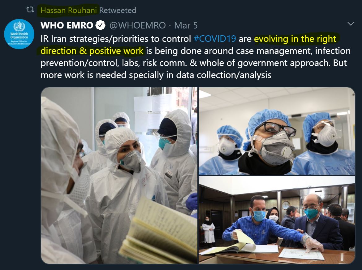6)As previously mentioned, Tedros has a similar approach vis-à-vis Iran, praising this regime’s health policies.Iran’s media outlets rejoice WHO’s support in their cover up of the coronavirus severity & instantly push their talking points/false narrative about U.S. sanctions.