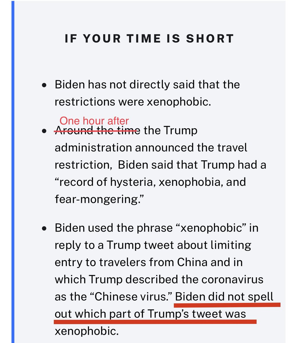 The Biden camp thinks they can get away with this because “fact-checkers” give him cover.Joe hasn’t “directly said” restrictions were xenophobic.. just called Trump that one hour after restrictions were announced. Also said it in reply to a tweet about them. But who knows?!