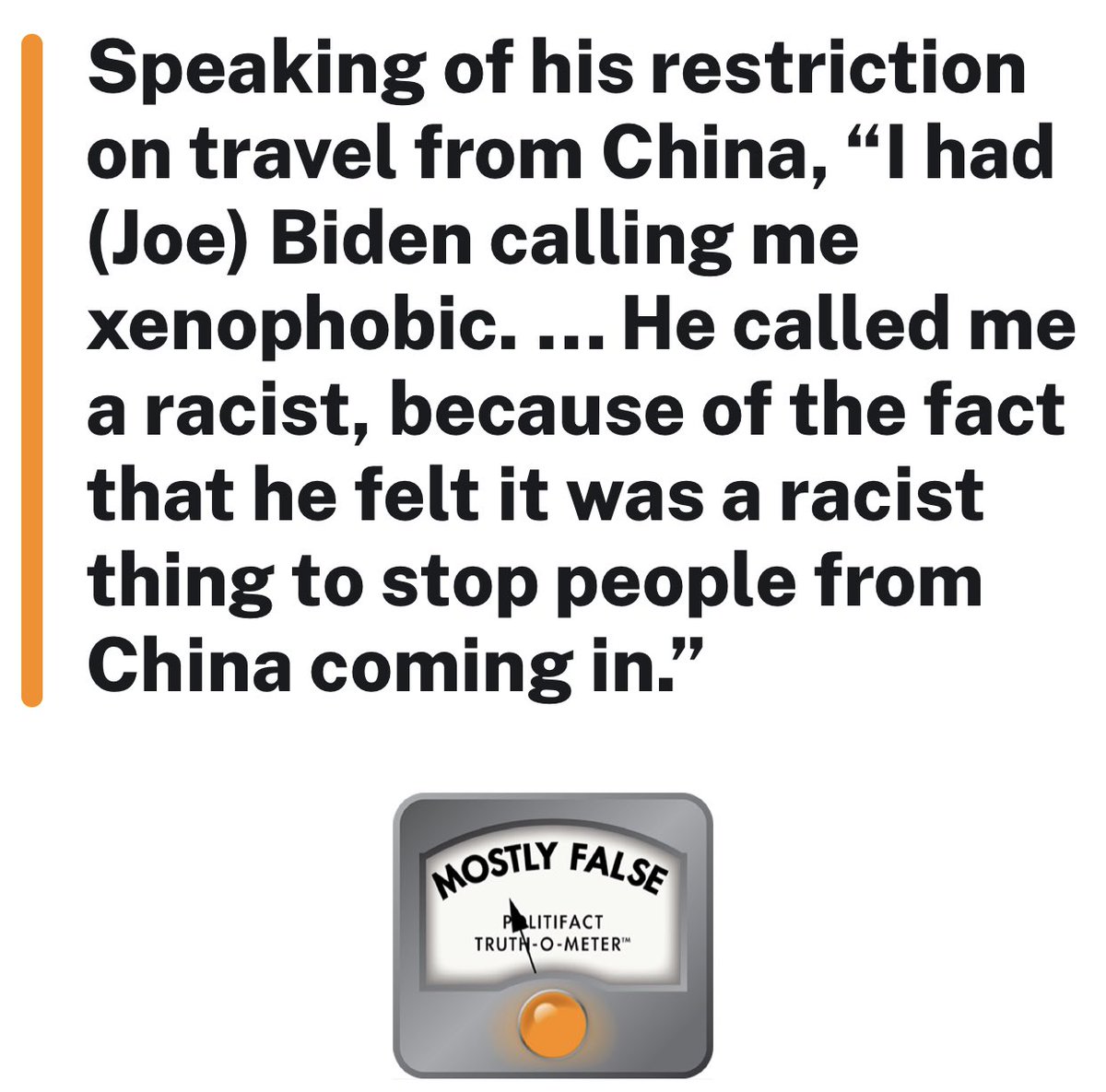 The Biden camp thinks they can get away with this because “fact-checkers” give him cover.Joe hasn’t “directly said” restrictions were xenophobic.. just called Trump that one hour after restrictions were announced. Also said it in reply to a tweet about them. But who knows?!