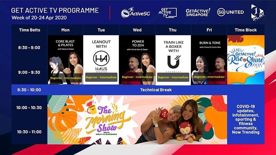 1playglobal's tweet photo. Week Two (20 - 24 April 2020) Get Active TV Programme Forecast is out!
Mark your calendars, set your timers and catch your favourite shows.
Also, stay tuned with more shows set to be announced in the coming week ahead.
#GetActiveTV #GetActiveSG #GetActiveStayStrong #SGUnited https://t.co/k9fw2WTEBw