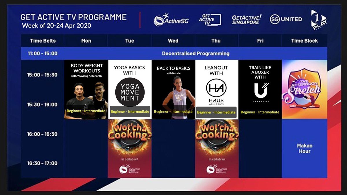 1playglobal's tweet photo. Week Two (20 - 24 April 2020) Get Active TV Programme Forecast is out!
Mark your calendars, set your timers and catch your favourite shows.
Also, stay tuned with more shows set to be announced in the coming week ahead.
#GetActiveTV #GetActiveSG #GetActiveStayStrong #SGUnited https://t.co/k9fw2WTEBw