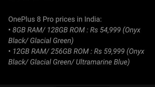 ispecss's tweet photo. Here is the official prices of #OnePlus8Series
#Oneplus8 starts at โน41,999 (6GB/128GB).
#Onplus8pro starts at โน54,999 (8GB/128GB). https://t.co/9R2DcCJs8p