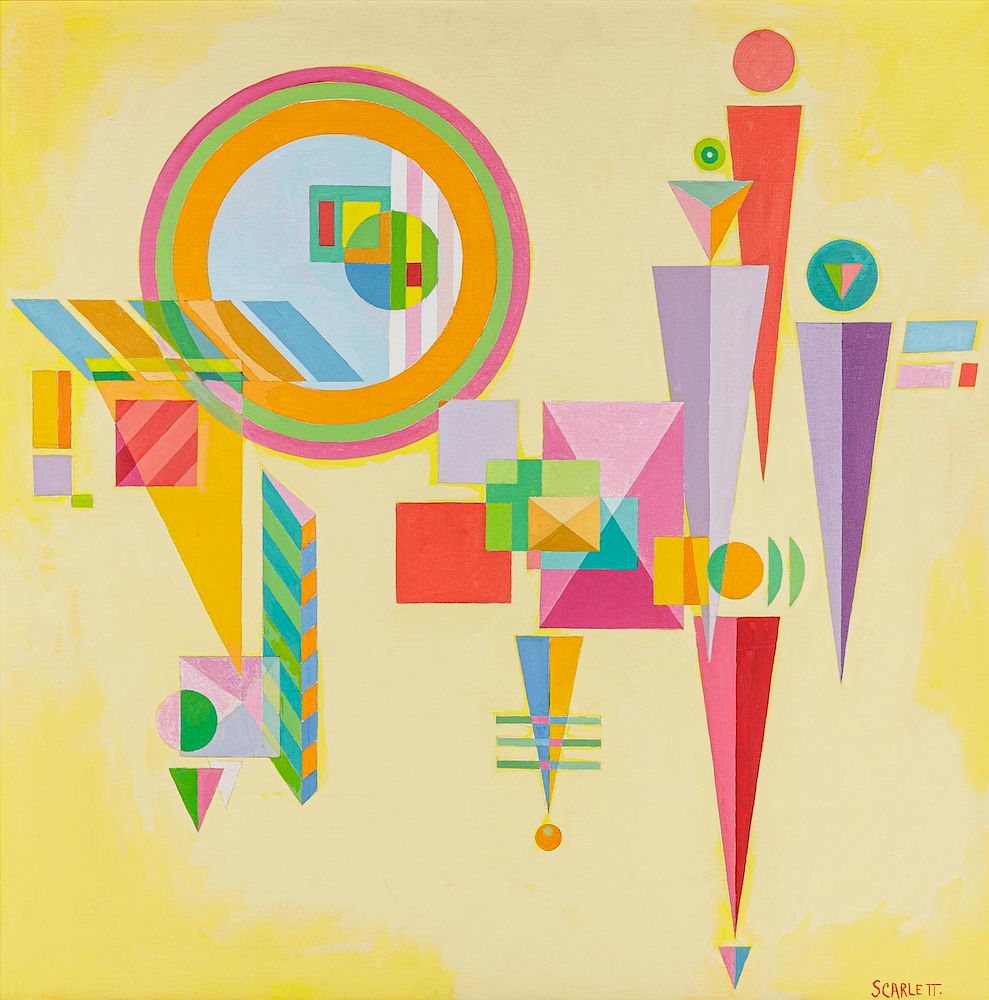 Paintings by Canadian artist Rolph Scarlett, 1940s, who began his career as a jewelry maker and set designer but turned to abstract painting after meeting Paul Klee. He became an important figure in the early years of Hilla Rebay's Guggenheim Museum