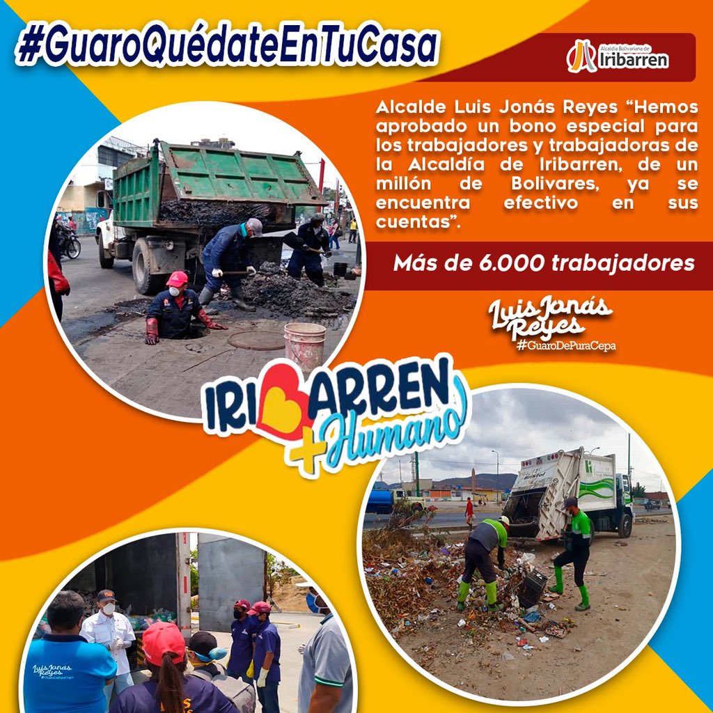 Hemos aprobado un bono especial “#GuaroQuedateEnCasa” de 1 millón de Bolívares para los más de 6300 trabajadores y trabajadoras que tenemos en la Alcaldía del Municipio #Iribarren. Gracias por su comprensión y entendimiento. En lo que podamos apoyar, seguiremos atendiéndolos
