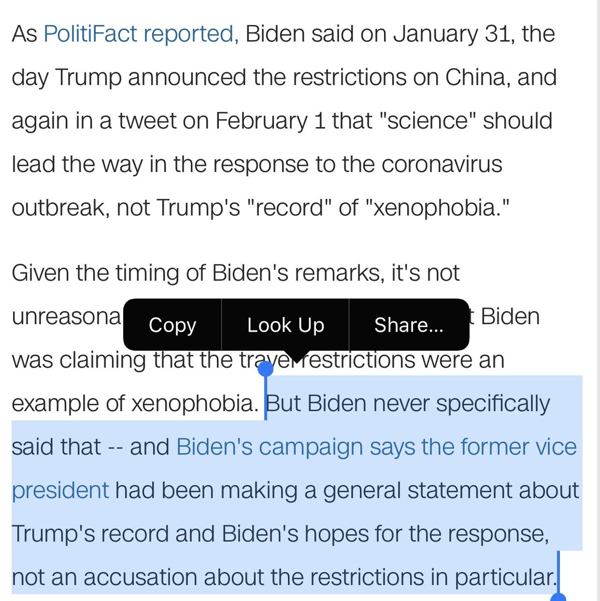 The CNN “fact-check” actually links to that trainwreck PolitiFact Biden defense.It also gives wild credibility to the Biden campaign’s (can’t believe they said this with a straight face) explanation (months later) that Joe was attacking generally, not about the restrictions.