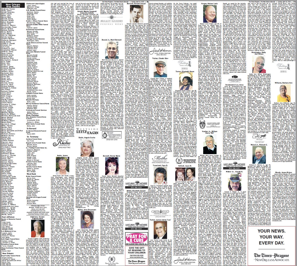 In today's  @NOLAnews, we had just over 8 pages of death notices. It's been like this the last few Sundays, which is the biggest day of readership. We used to consider 4 pages a lot. All of these beloved family members and friends for so many. And no funerals.