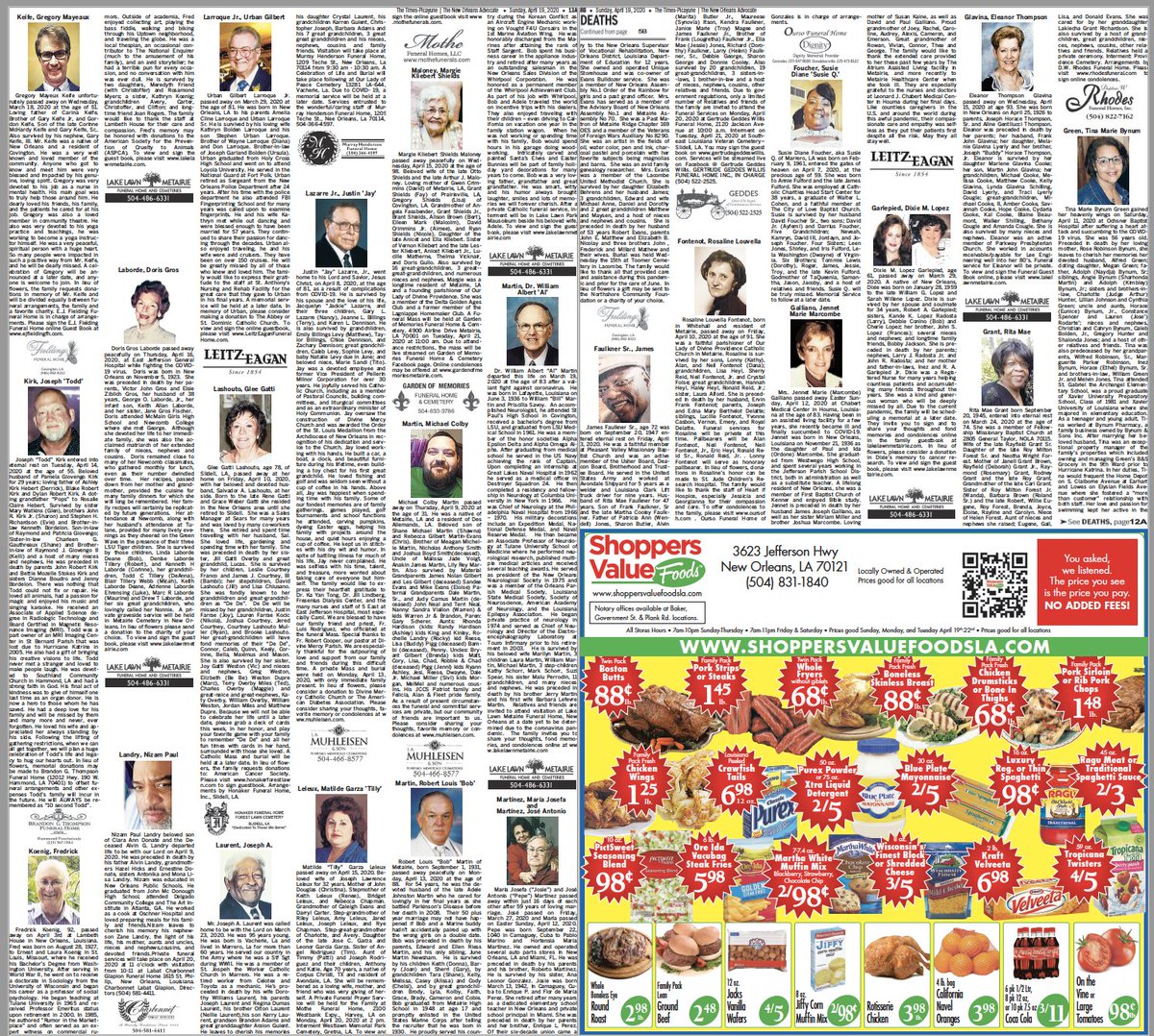 In today's  @NOLAnews, we had just over 8 pages of death notices. It's been like this the last few Sundays, which is the biggest day of readership. We used to consider 4 pages a lot. All of these beloved family members and friends for so many. And no funerals.