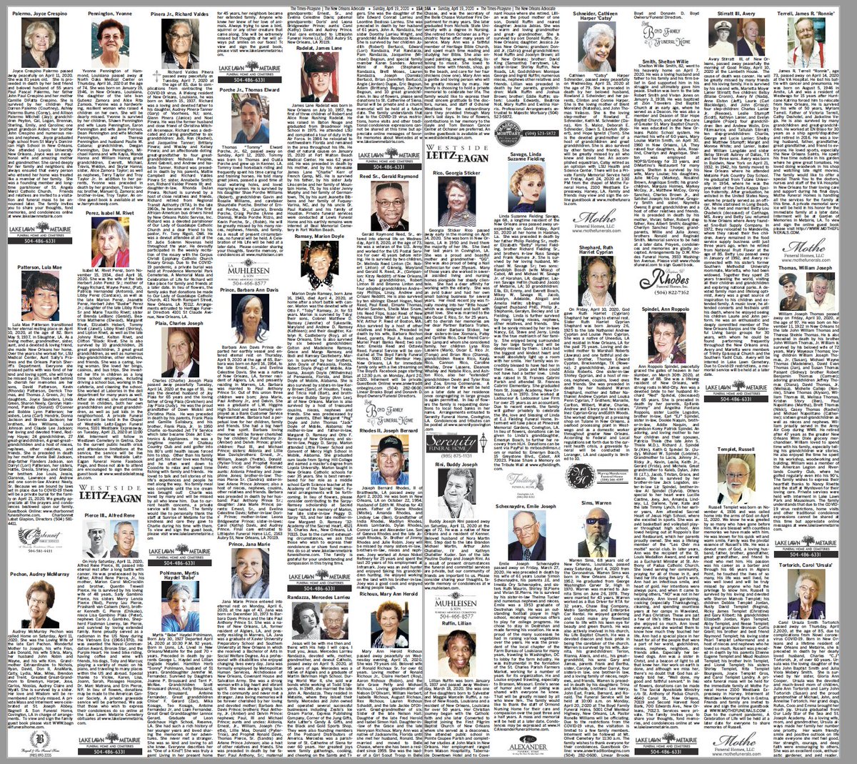 In today's  @NOLAnews, we had just over 8 pages of death notices. It's been like this the last few Sundays, which is the biggest day of readership. We used to consider 4 pages a lot. All of these beloved family members and friends for so many. And no funerals.