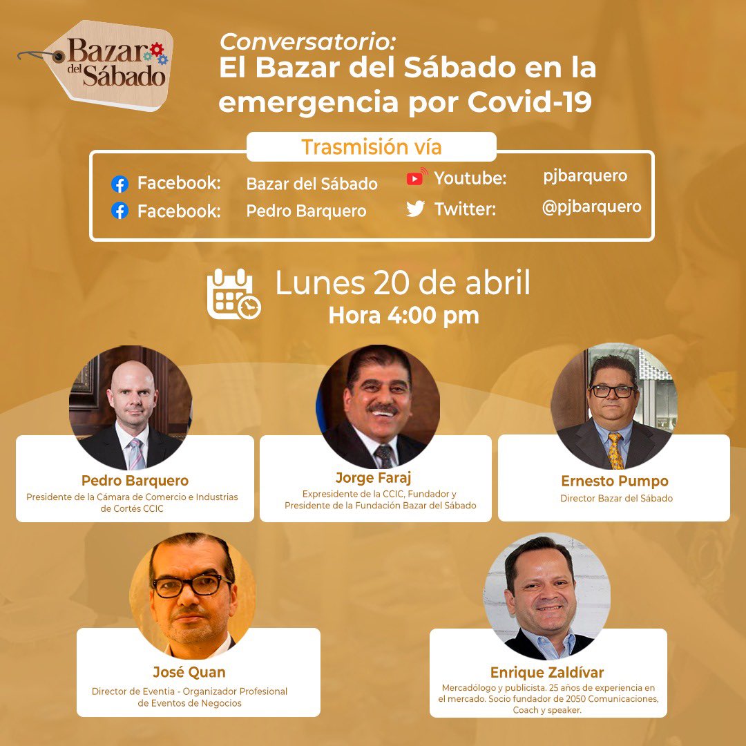 pjbarquero's tweet photo. Sabemos que los emprendedores necesitan ser escuchados y orientados. Mañana a las 4:00 pm estaremos compartiendo e informándoles sobre cómo debemos reinventar juntos el @BazarDelSabado1 https://t.co/buRkaFgWmB