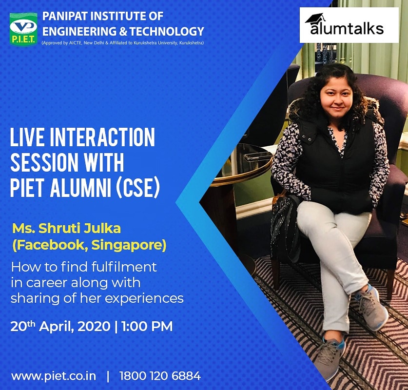 PIETPanipat's tweet image. Happiness is to learn from your Alumni.
Join in the upcoming Interaction session with Ms. Shruti Julka. The aim of this session is to find fulfilment in career along with sharing of her experiences. 
#PIETAlumni #PIET #Interactionsession #Facebook #CSE