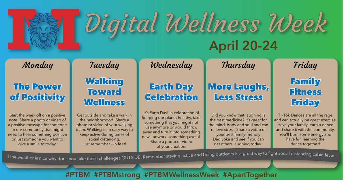 MarysvilleEVSD's tweet photo. Monday, April 20 - Friday, April 24 celebrate positivity &amp; taking care of ourselves, our families, our community and even our Earth w/ Digital Wellness Week!

Join us &amp; document the fun you’re having with the daily challenges! #PTBMWellnessWeek #PTBM #PTBMSTRONG #ApartTogether https://t.co/ZYiGXM7YuQ