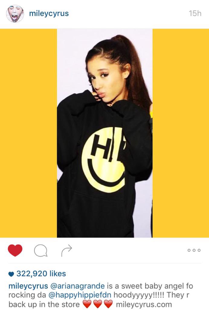 ariana wore a happy hippie hoodie during one of her tour meet and greets in late 2015, and miley posted about it on her instagram.