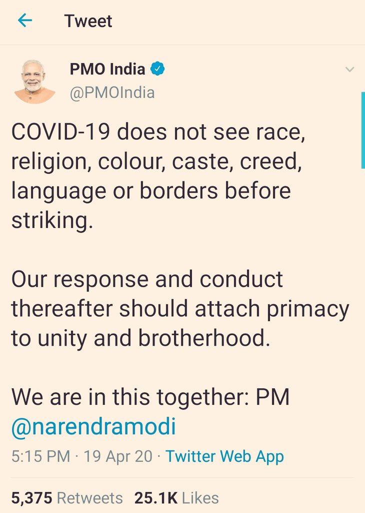 If you don& #39;t want to listen to nobodies like me or the & #39;evil liberals/LW& #39; then at least now listen to Prime Minister Modi.He told you to bang pots, you banged. He told you to light lamps, you lit.Now he& #39;s telling you to (& #39;thereafter& #39;) let go of hate.Let go. Change.