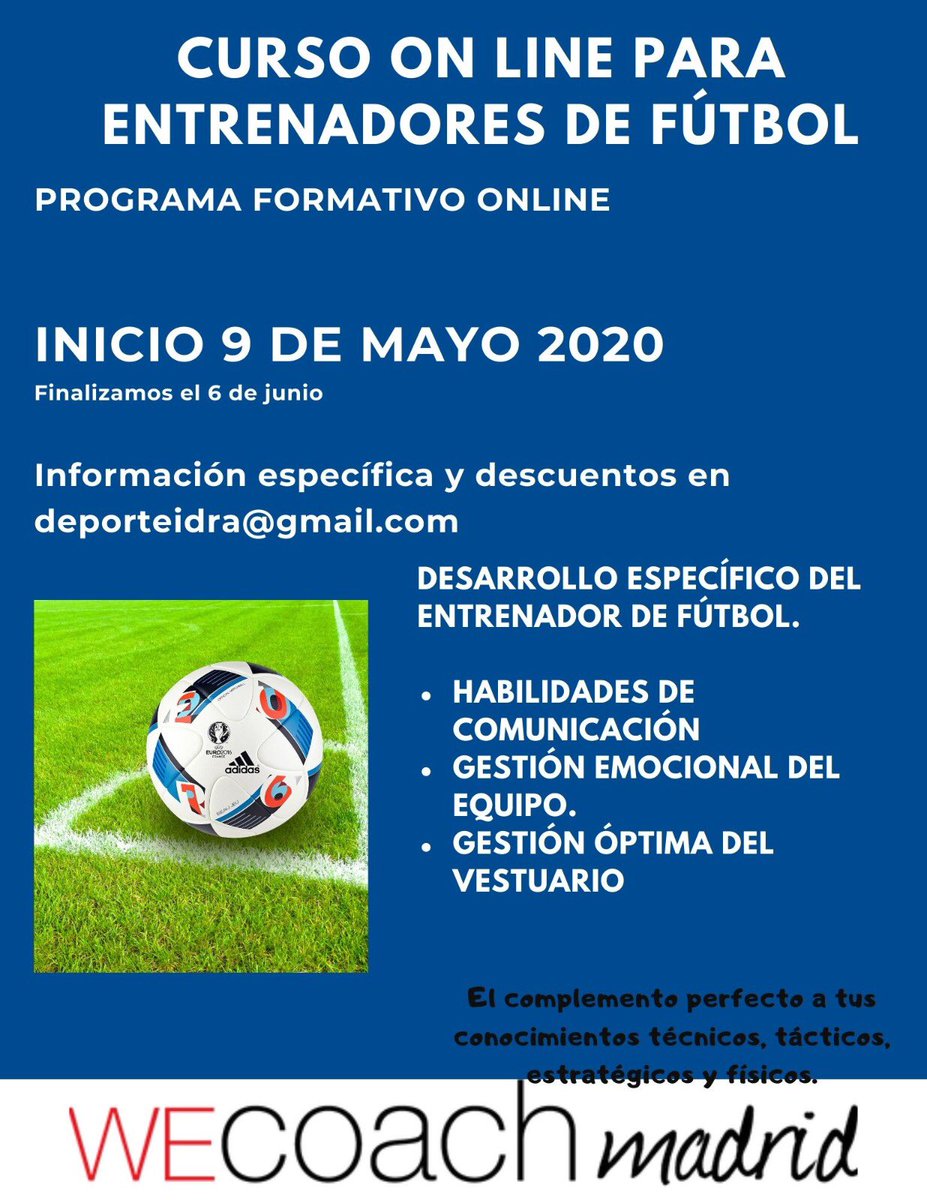 Llevaba tiempo detrás de sacar un curso para entrenadores de fútbol, donde enseñarles herramientas de comunicación, gestión emocional y gestionar un vestuario de fútbol. Pues aquí está el curso. Iniciamos el 9 de mayo. 

Si estás interesado manda mail a deporteidra@gmail.com