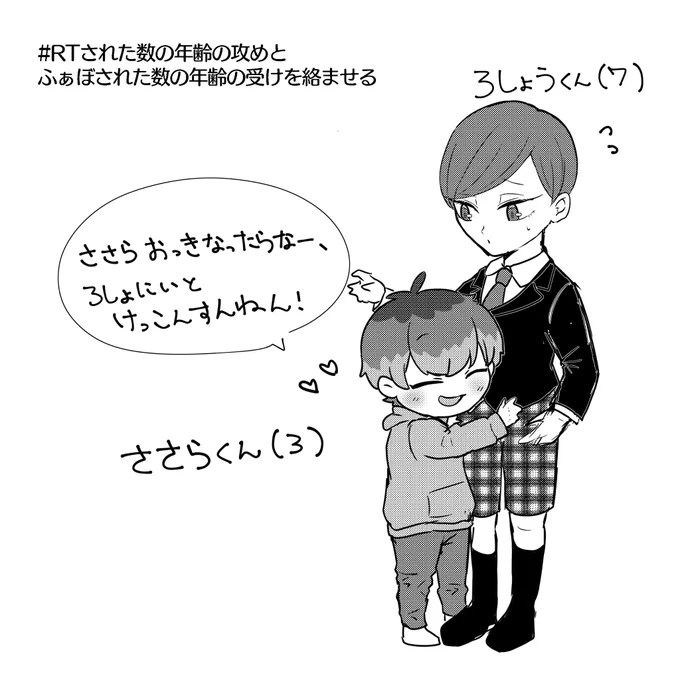 ふぁぼりつありがとうございました?
#RTされた数の年齢の攻めとふぁぼされた数の年齢の受けを絡ませる 