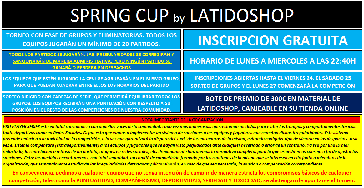 ProPlayerSeries's tweet image. Ya podéis inscribiros a nuestro torneo de primavera:

1⃣ Formalizad la inscripción en la web
proplayerseries.com/tournament/tou…

2⃣ Solicitar al 656822268 la entrada en el grupo de capitanes de whatsapp.

3⃣ Inscribid a todos los jugadores en el equipo y leed la normativa.

4⃣ Buen rollito.