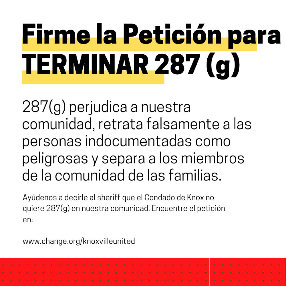 utk_smj's tweet photo. 287 (g) is up for renewal in Knox County. This program has harmed our communities and separated families for years. 

Click the link in our bio to sign this petition to urge Sheriff Spangler to end the contract! #knoxvilleunited #spanglerend287g https://t.co/FCgspzpl4m