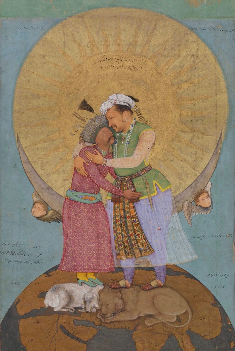 27. As we continue to be separated from our relatives, I'm sharing this sumptuous Mughal painting, made c. 1618. It shows two cousins — Emperor Jahangir and Shah Abbas of Iran — in a tender embrace. In reality they were mortal enemies.