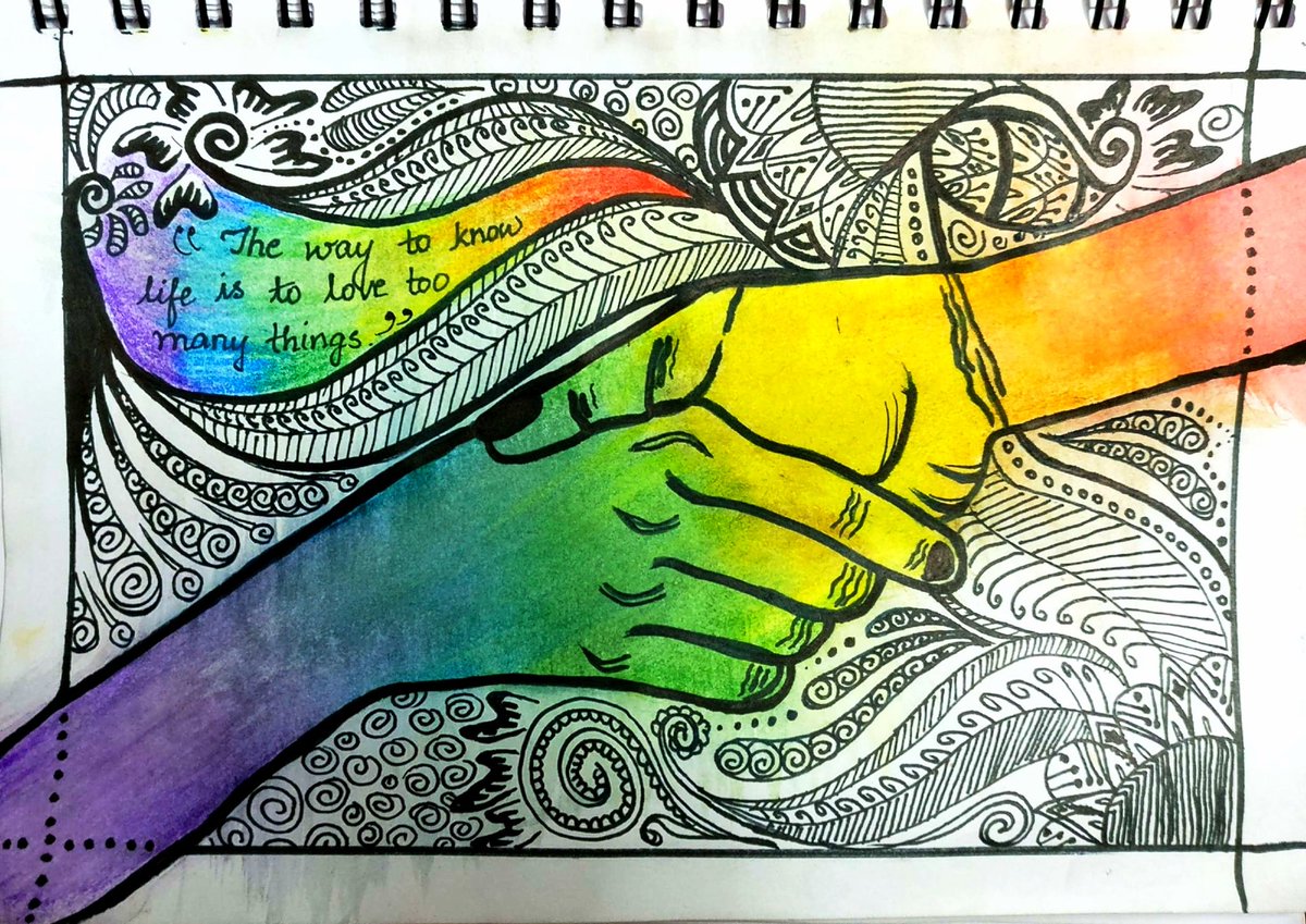 I sketched a photograph of me holding hands with the loml @Avadh_ay to celebrate her and our  #queerness.And of course there's a Van Gogh quote :) 19.04.20