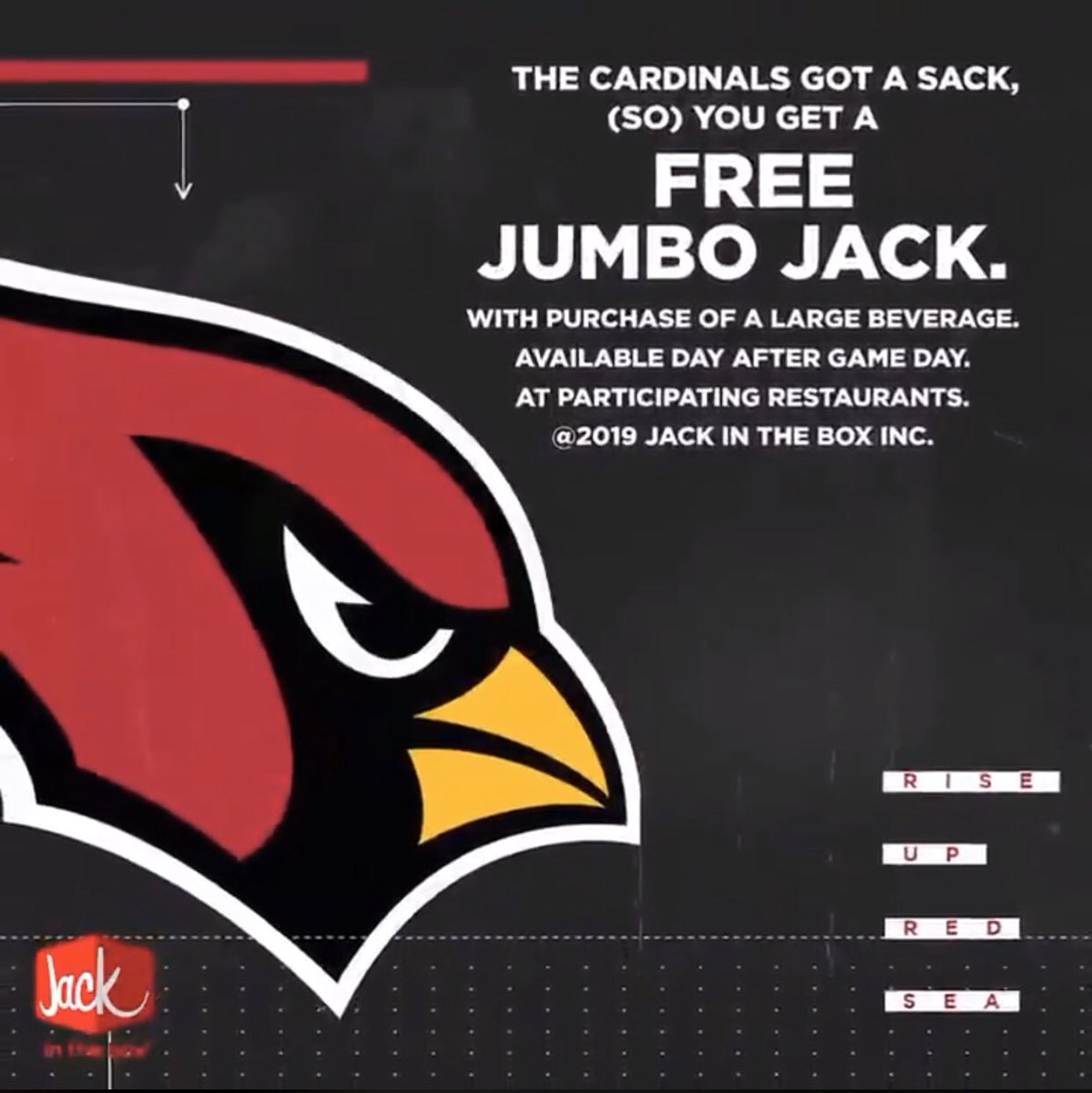 AZGovPeej's tweet photo. That late-game sack not only won us the game but it got you the best quality burger a sack can get. Go fuck up a Jumbo Jack tonight https://t.co/whQITjwlc8