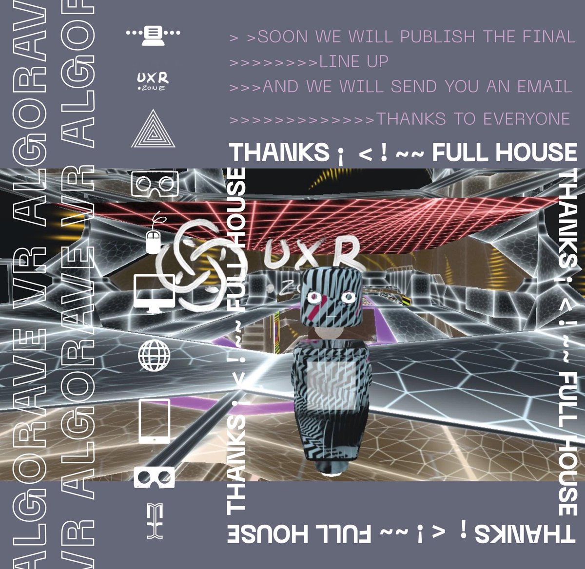 We have a full house !!! Thank you! 8hr to continuous live coding are coming.We will shortly announce the LINE UP >> we will contact you by email
See you at ALGORAVE VR on the yacht designed by enea 
Thanks to <a href="/UxrZone/">UXRzone</a> for all 
#livecoding <a href="/toplaporg/">TOPLAP</a> 
<a href="/ToplapMx/">toplap.mx</a>
#Toplap_Berlin