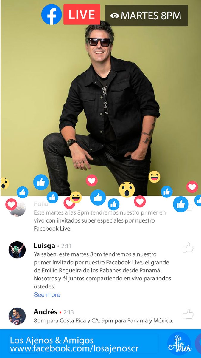Familia este martes en la noche haremos algo un poco diferente, estaremos transmitiendo por nuestro Facabook una charla con el grande de <a href="/EmilioRegueira/">Emilio Regueira</a> de <a href="/LosRabanes/">Los Rabanes</a> en vivo con todos nosotros. Así que atentos a nuestro Face.

8pm Costa Rica &amp; Centroamérica
9pm Panamá &amp; México